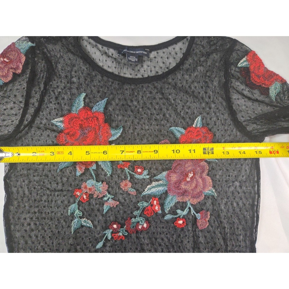 Sheer Mesh Embroidered Floral Rose Top Sz S Whimsigoth Fairy Grunge Y2K Goth - Picture 10 of 11
